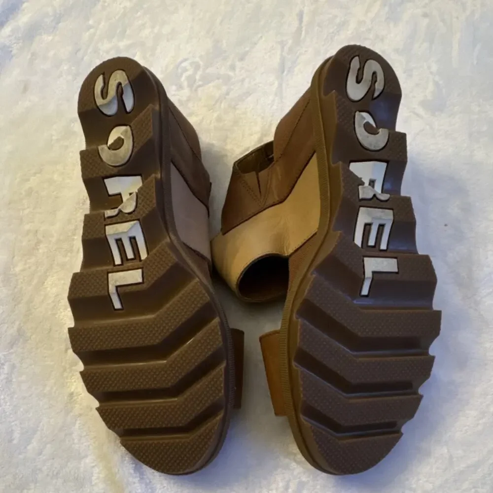 Sorel Joanie Li Leather Wedge Sandals Brown Beige‎ Hook & Loop Women US 10